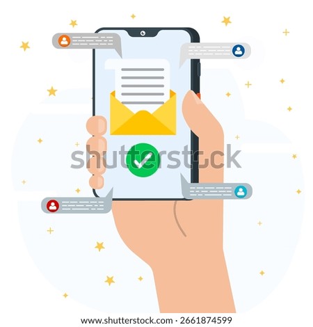 Hand holding smartphone with email confirmation and message notifications.