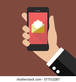 Hand holding smartphone with email icon. Flat style design