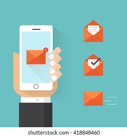 Hand holding smartphone with email icon. Flat style design
