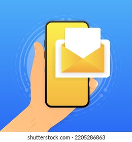 Mano con smartphone con mensajería de correo electrónico. Concepto de correo electrónico móvil. Ilustración vectorial.