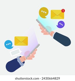 Hand holding smartphone with email, messenger, icons and emoji. Mobile smartphone with mail app concept. Email sender and receiver holding a mobile phone. Vector.