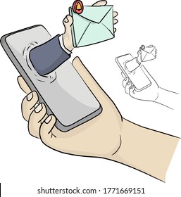 Hand, die ein Smartphone mit E-Mail-Benachrichtigung hält, Vektorgrafik-Skizze handgezeichnet mit schwarzen Linien einzeln auf weißem Hintergrund