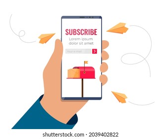 Hand holding smartphone with email subscription form on screen. Mobile subscribe on newsletter or online service. Paper planes with message, mail and news fly to phone. Vector eps illustration