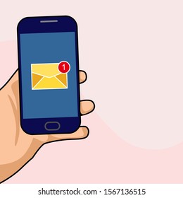 Hand holding smartphone with email symbol on the screen. Delivered message on the smartphone screen. Vector illustration.