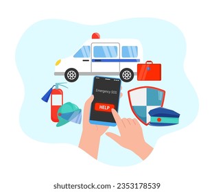 Hand holding smartphone and emergency call vector illustration  Ambulance car and first aid kit  firefighter   police equipment for helping people  Emergency service  accident concept