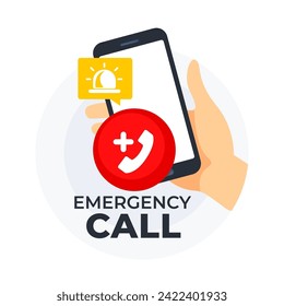 Hand holding a smartphone with an emergency call icon and alert notification symbol