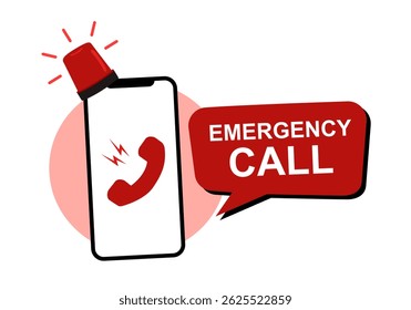 Hand holding a smartphone with an emergency call icon and alert notification symbol