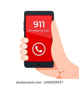 Hand holding smartphone with emergency number 911 on the screen.