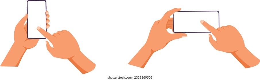 Hand holding smartphone, empty screen, copy space, phone mockup, application on touch screen device. Mobile phone horizontal and vertical mode. Flat Vector illustration.