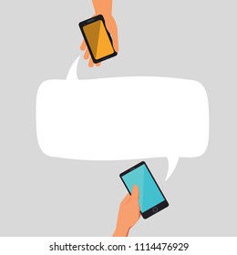 Hand holding smartphone with empty speech bubble. Vector illustration