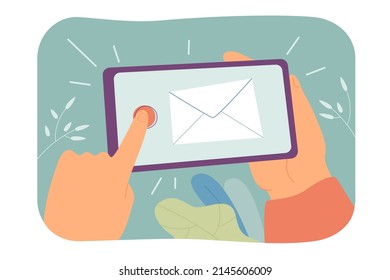 Hand holding smartphone with envelope on screen. Finger tapping button on screen, receiving letter flat vector illustration. Digital communication, technology, email concept for banner, website design