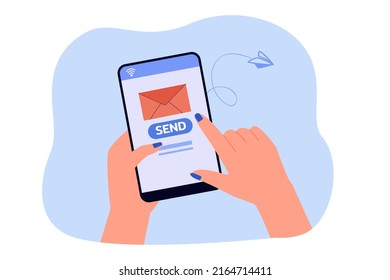 Mano sosteniendo el smartphone con el sobre y botón de envío en pantalla. Persona que envía una carta a través de la aplicación móvil de la ilustración vectorial plana. Tecnología, internet, concepto de comunicación para banner o página de inicio