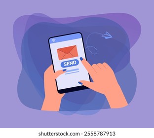 Hand holding smartphone with envelope and send button on screen. Person sending letter via mobile app flat vector illustration. Technology, internet, communication concept for banner or landing page