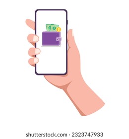 Hand holding smartphone with e-wallet application on cellular screen display, vector illustration. Mobile payment, banking, business finance, payment transaction, online shopping, savings concept.