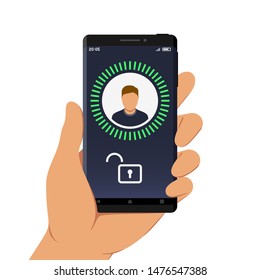 Hand Holding Smartphone with Face ID or Facial Recognition App on Its Screen, Flat Design Style Illustration