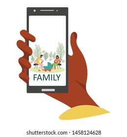 Hand holding a smartphone with family and newborn pram in the park. Family activities. Pregnancy and parenthood concept illustrations. Adoption. App, website or Web Page. Vector illustration.