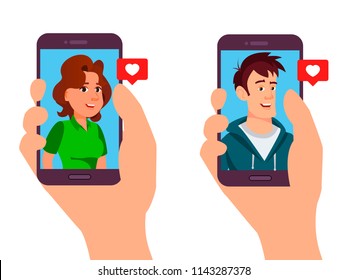 A hand holding a smartphone featuring a guy and a hand holding a smartphone featuring a girl. Illustration of a mobile application for dating