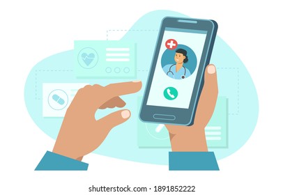 Hand holding smartphone with female doctor on call and an online consultation. Vector flat illustration. Online medical advise or consultation service. Design for landing page, flyer, card