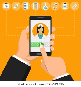 Hand holding smartphone with female doctor on call and an online consultation. Medical icons set. Vector flat illustration.