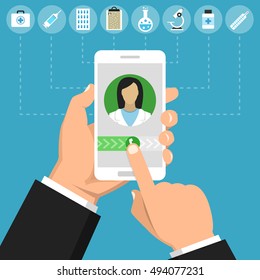 Hand holding smartphone with female doctor on call and an online consultation. Medical icons set. Vector flat illustration.