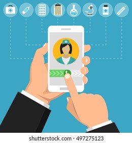 Hand holding smartphone with female doctor on call and an online consultation. Medical icons set. Vector flat illustration.