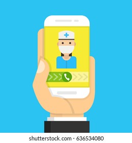 Hand holding smartphone with female doctor on call and an online consultation. Flat cartoon style. Vector illustration.