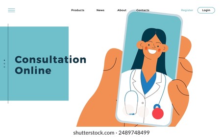 Hand Holding Smartphone with Female Medical Specialist on Smartphone Screen. Medical Insurance. Modern Flat Vector Illustration. Consultation Online. Website Banner, Landing Page Template.