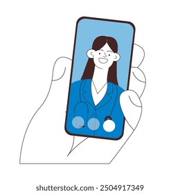Hand Holding Smartphone with Female Medical Specialist on Smartphone Screen. Medical Insurance. Black and White Modern Flat Vector Illustration. Consultation Online. Website Banner Template.