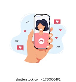 Hand is holding smartphone with female person on screen. Video call concept.Online dating concept. Flat cartoon style design. Vector illustration.