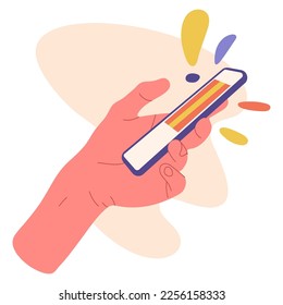 Hand holding smartphone. Female hand scrolling cell phone screen, mobile device in human hand flat vector illustration on white background