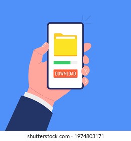 Hand holding smartphone with file download button on the screen. Downloading process concept. Vector illustration.