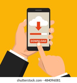 Hand holding smartphone with file download button on the screen. Downloading process concept. Flat vector illustration.