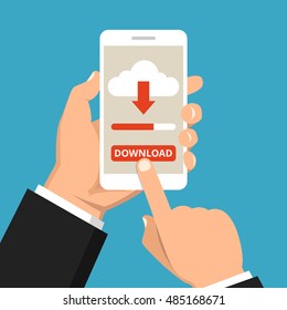 Hand holding smartphone with file download button on the screen. Downloading process concept. Flat vector illustration.