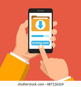 Hand holding smartphone with file download button on the screen. Downloading process concept. Flat vector illustration.