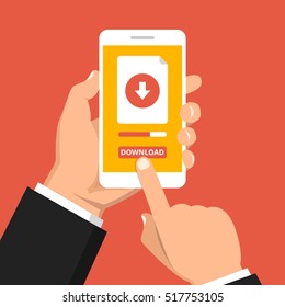 Hand holding smartphone with file download button on the screen. Downloading process concept. Flat vector illustration.