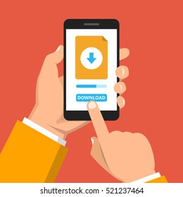 Hand Holding Smartphone With File Download Button On The Screen. Downloading Process Concept. Flat Vector Illustration.