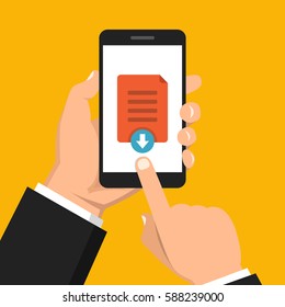 Hand holding smartphone with file download button on the screen. Downloading process concept. Flat vector illustration.