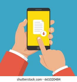 Hand holding smartphone with file download button on the screen. Flat cartoon style. Vector illustration.