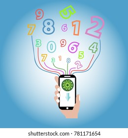 Hand holding smartphone with file download button mobile app about the power of numbers 0-9 arabic and thai numbers on the screen. with zero to nine float numbers horoscopes concept. 