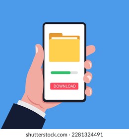 Hand holding smartphone with file folder download button on the screen. Vector.