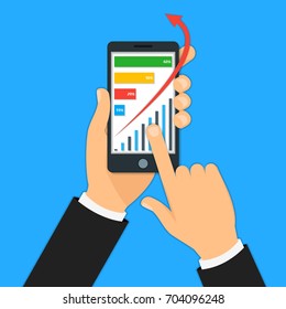 Hand Holding Smartphone Financial Statistic Analytic Graph Data Technology Business Concept Paper Art. Vector illustration