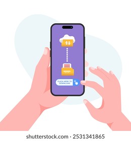 Mão Segurando Smartphone com Dedo Tapping Screen - Nuvem e Download botão Vetor Ilustração.