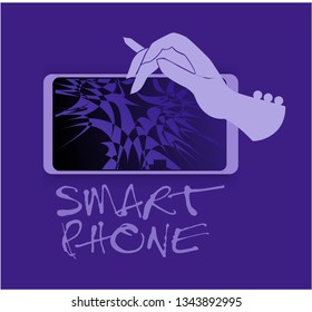 Hand holding smartphone and finger touch on screen. Mobile phone isolated. Vector illustration.