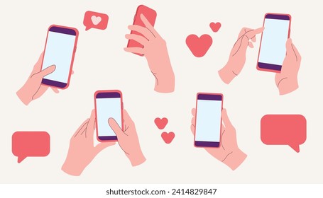 Hand holding smartphone. Finger touch screen. Vector flat cartoon illustration for web sites and banners design.Love message set.Phone with love or like notification messages, Valentines day design.