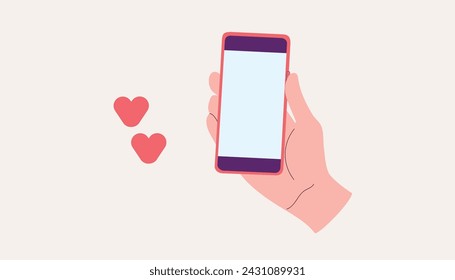 Hand holding smartphone. Finger touch screen. Vector flat cartoon illustration for web sites and banners design.Love message set.Phone with love or like notification messages, Valentines day design.