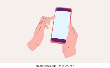 Mano sosteniendo smartphone. Pantalla táctil digital. Ilustración de dibujos animados plana vectorial para sitios web y diseño de banners.