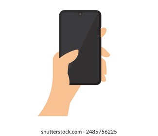 Hand holding smartphone, finger touch screen vertically vector. Mobile, finger, screen, phone, touch, design, digital, display, cellphone, gadget, flat, hand. Can use for banner, web design, poster. 