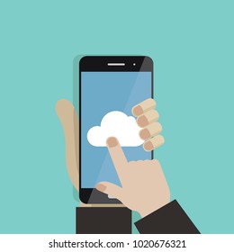 Hand holding smartphone, finger touching screen. Cloud storage. Cloud icon on smartphone screen