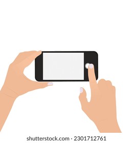 Hand Holding Smartphone, Finger Touching Camera Button to Take Photo. Vector Illustration