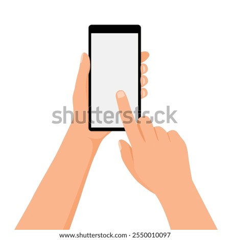 Hand holding smartphone with finger touching blank screen